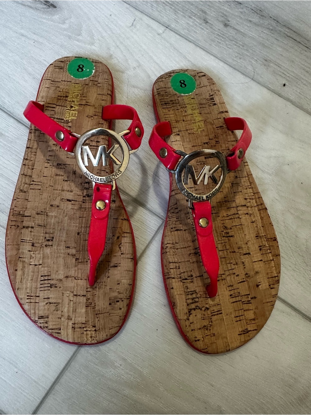 Michael Kors Red Leather MK Logo Cork-Style Thong Sandals